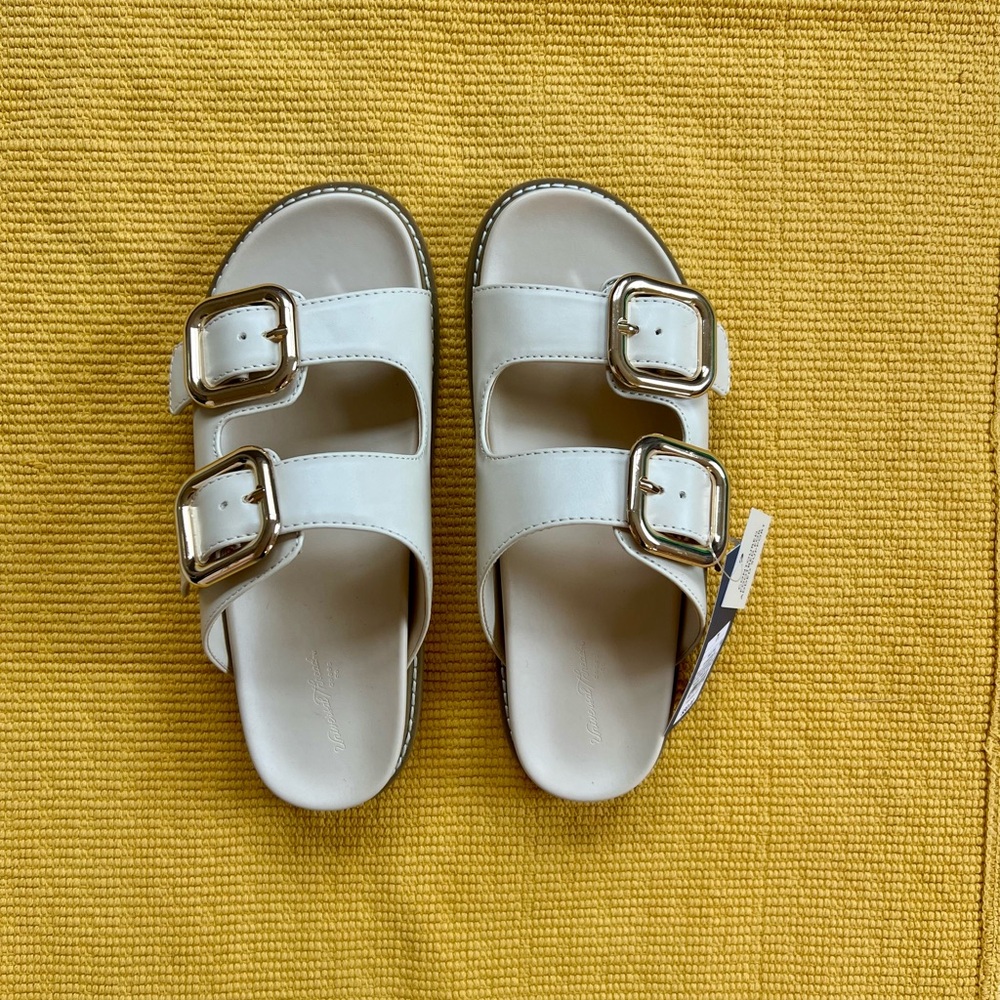 Women’s White Sandals with Gold Buckles, 7.5
